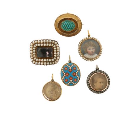 A Victorian gold locket pendant, set with seed pearls and a portrait of a young girl in gold, a Victorian coral, seed pearl a