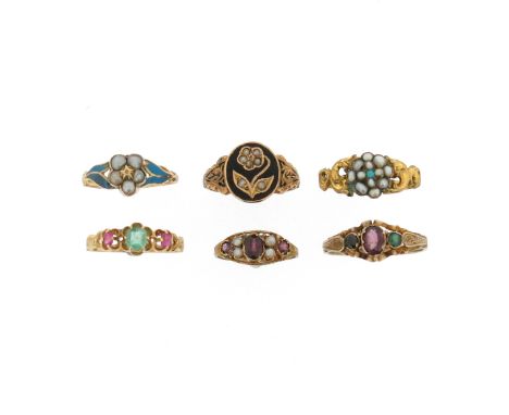 Six 19th century gem-set rings, including a 19th century ring set with three garnets and four seed pearls in a 9ct gold folia