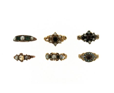 Six 19th century gem-set gold rings, including a citrine and pearl ring, size O, a pearl and garnet cluster ring, size Q, two