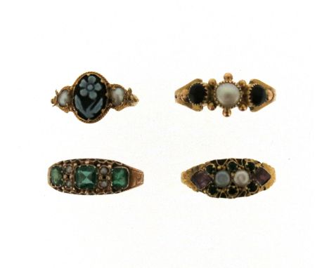 Four 19th century gem-set gold rings, including a forget-me-not cameo and pearl ring, size K 1/2, a pearl and red paste three