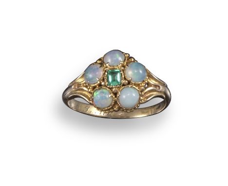 A 19th century opal and emerald cluster ring, set in yellow gold, size J 1/2