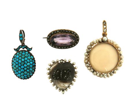 A Victorian heart-shaped mourning brooch pendant, the rock crystal heart applied with diamond-set cipher above hair, within a