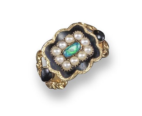 A 19th century opal and black enamel mourning ring, set with seed pearls in gold scrolling mount, London hallmarks for 18ct, 