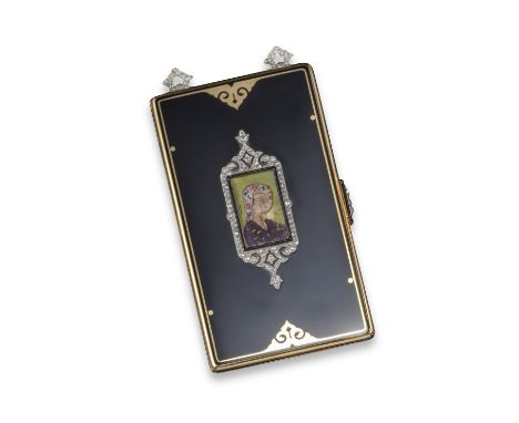 An Art Deco diamond and enamel compact by Cartier, of Islamic inspiration, decorated with black enamel and a diamond-set fram