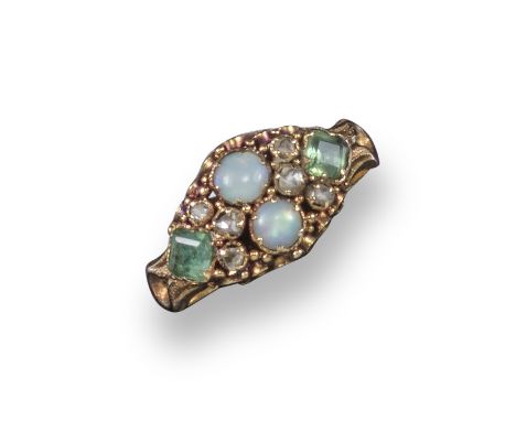 A 19th century opal, emerald and diamond cluster ring, set in yellow gold, size H 1/2