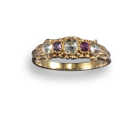 A 19th century chrysolite and ruby half-hoop ring, set in yellow gold, size N 1/2