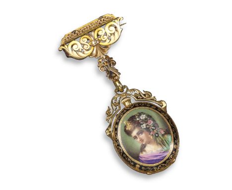 A 19th century gold and enamel fob watch, the outer case decorated with the portrait of a lady, set with rose-cut diamonds, w