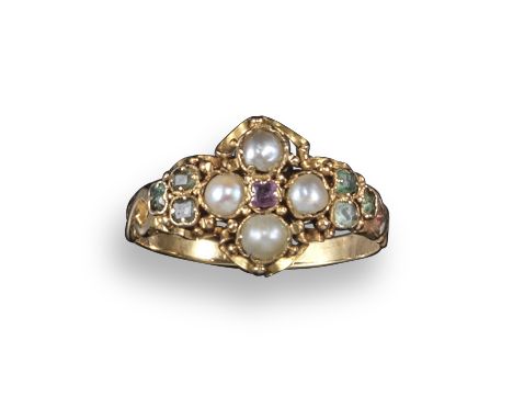 A 19th century ruby, emerald and pearl cluster ring, set in yellow gold, Sheffield hallmarks for 1840, size M