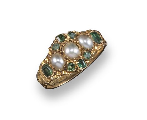 A 19th century emerald and pearl cluster ring, set in 15ct gold with engraved decoration to the shank, Birmingham hallmarks f