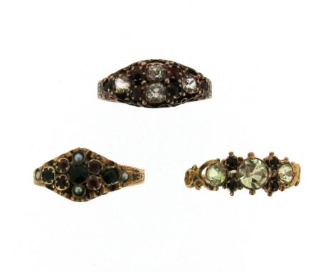 Three 19th century gem-set gold rings, including a chrysolite and red stones ring, size R, a 15ct gold ring set with pink and