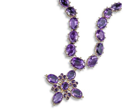 A Victorian amethyst rivière necklace, formed from graduated oval-shaped amethysts in gold cut-down collets with pellet decor