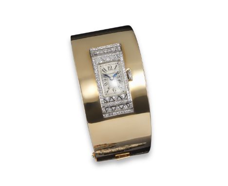 A yellow gold bangle, set with an Art Deco cocktail wristwatch by Boucheron, set within diamond and onyx border in platinum, 