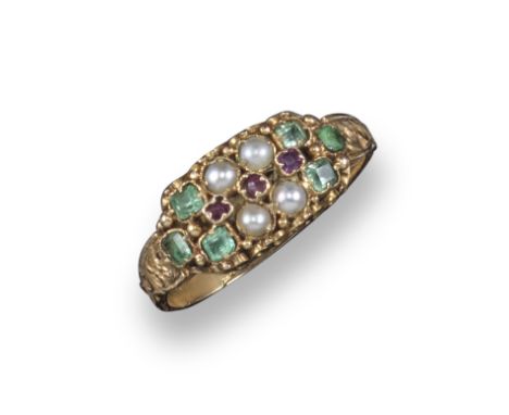 A 19th century ruby, emerald and seed pearl ring, set in 15ct gold scroll mount, Birmingham hallmarks, size N 1/2