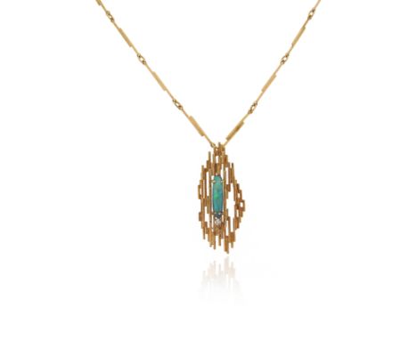 An abstract opal and diamond brooch pendant, on a textured gold chain, London hallmarks for 1986 and with obscured maker's ma