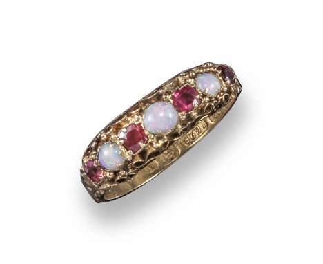 A 19th century opal and ruby half-hoop ring, set in 15ct yellow gold scroll mount, Birmingham hallmarks for 1873, size P