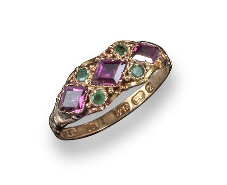 A 19th century amethyst and emerald ring, set in 15ct yellow gold scroll setting, Birmingham hallmarks for 1848, size P, case