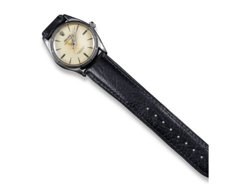 A gentleman's Oyster Perpetual steel Rolex wristwatch, baton numerals, sweep seconds hand, later leather band, 36mm wide