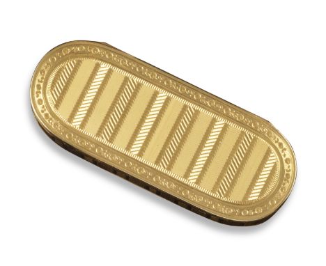 A French late 18th century gold long oval snuff box, with striated engine-turned decoration overall, the hinged cover and bas