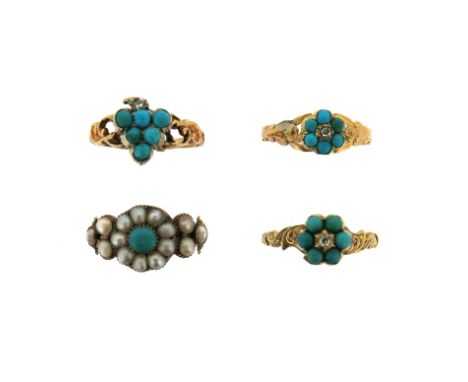 Four 19th century turquoise-set gold rings, two set with diamonds to the centre, size L 1/2, K 1/2, a turquoise fruiting vine