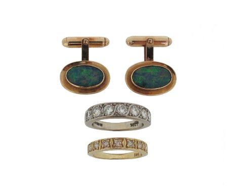 A quantity of jewellery, including a pair of opal doublet-set cufflinks. Together with a diamond half-hoop ring set with circ