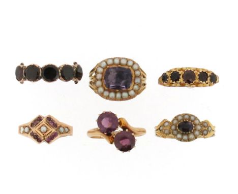 Six antique gem-set rings, including an 18ct gold crossover ring set with two circular-cut garnets, Birmingham marks for 1908