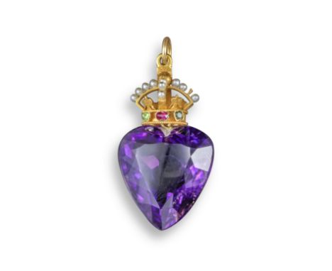 A 19th century amethyst heart pendant, the heart-shaped amethyst suspends from a seed pearl and gem-set coronet in yellow gol