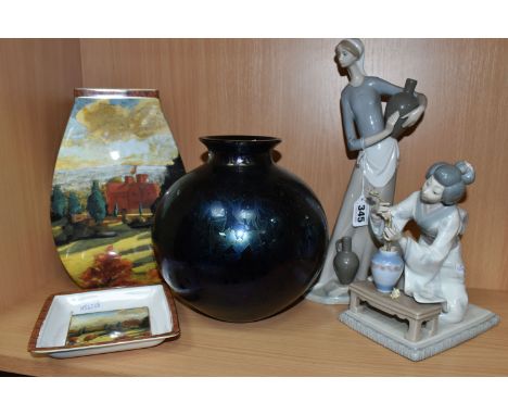 TWO LLADRO FIGURES, CERAMICS AND A GLASS VASE, comprising Lladro Japanese Girl Decorating no 4840, sculpted by Vicente Martin