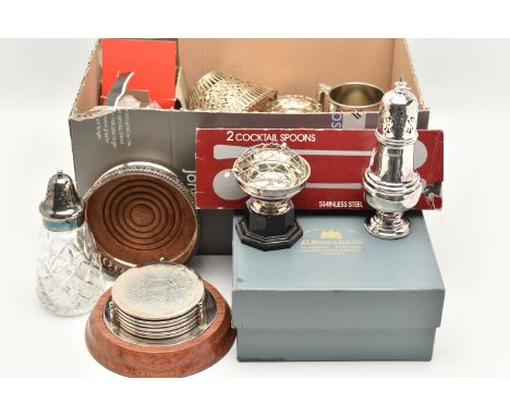 AN ELIZABETH II SILVER SUGAR CASTER AND A BOX OF PLATED WARE, polished baluster form, with pierced cover, on a round base, ha