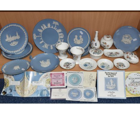 A QUANTITY OF WEDGWOOD INCLUDING JASPER WARE, comprising eleven pale blue Jasper Ware plates including Christmas and commemor
