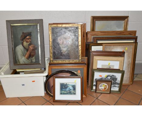 A QUANTITY OF PAINTINGS AND PRINTS ETC, to include an indistinctly signed oil on canvas depicting a portrait of a monk, appro