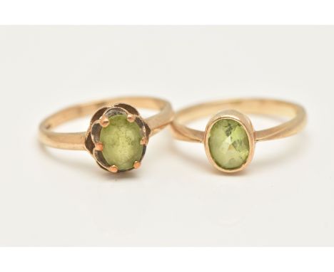 TWO 9CT GOLD PERIDOT RINGS, the first set with an oval cut peridot, collet set to a polished band, hallmarked 9ct Birmingham,