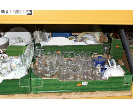 SIX BOXES OF MIXED CERAMICS AND GLASSWARE to include a group of mid-century amber glass bowls, a set of six uranium green des