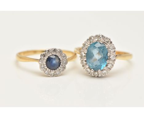 TWO GEM SET CLUSTER RINGS, the first designed as a central circular cut sapphire within a single cut diamond surround, stampe