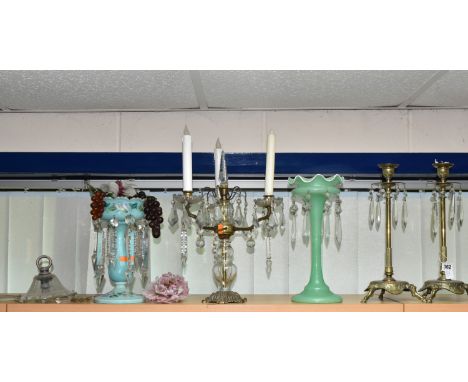 A GROUP OF FIVE LUSTRES AND A PENDANT LIGHT SHADE, comprising a pair of brass candle holders with glass lustres, assorted gla