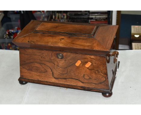 AN ANTIQUE HARDWOOD TEA CADDY to include a sarcophagus style hardwood tea caddy, length 36cm x height 21cm x width 20cm, comp