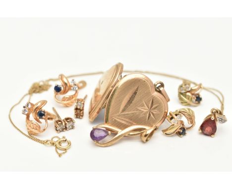 A SMALL ASSORTMENT OF YELLOW METAL JEWELLERY, to include an open work amethyst set pendant with tapered bail, stamped 375, a 