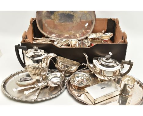 A BOX OF ASSORTED SILVER PLATE AND WHITE METAL WARE, to include a four piece silver plate tea set, comprising of a teapot, co