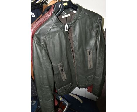 FOUR GENTLEMEN'S DESIGNER LEATHER JACKETS, a dark olive 'DKNY Jeans' biker jacket, size L, a claret coloured 'Hilfiger Denim'