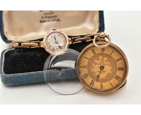 A 1920s 9CT YELLOW GOLD KEY WOUND WRISTWATCH, TOGETHER WITH A KEY WOUND POCKET WATCH, the wristwatch with cream dial, black A