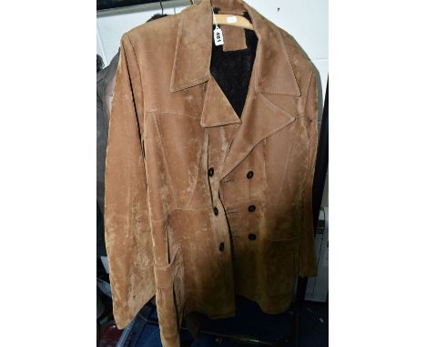 FOUR LEATHER/SUEDE JACKETS, a tan suede 3/4 jacket with a dark brown fur like lining, double button detail, size approximatel