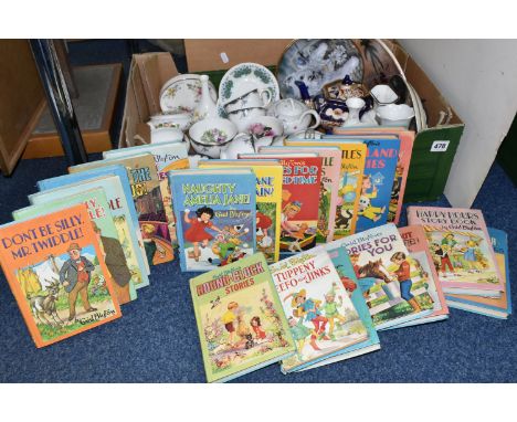 A BOX OF VINTAGE ENID BLYTON BOOKS AND A BOX OF MIXED CERAMICS to include twenty-five hard back books mostly published by Dea