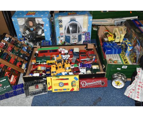 TWO BOXES AND LOOSE TOYS AND GAMES etc, to include boxed and play worn diecast cars and vans, Buzz Lightyear talking action f