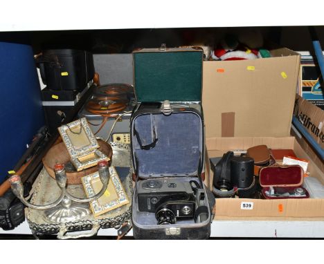 TWO BOXES AND LOOSE MISCELLANEOUS SUNDRIES, to include a sekonic Zoom 8 film camera, a Eumig P8 projector, a High Fidelity re