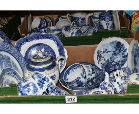 TWO BOXES OF BLUE AND WHITE DINNER AND TEA WARE, to include an Arabia porcelain 'Willow' pattern tea set, 'Willow' pattern te