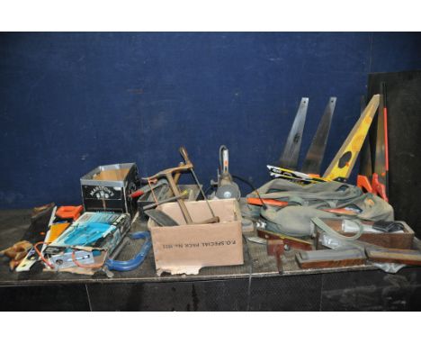 TWO BOXES AND TWO TOOLBAGS CONTAINING TOOLS including a Record No8 G clamp, a Marples marking gauge, a Rabone spirit level, n