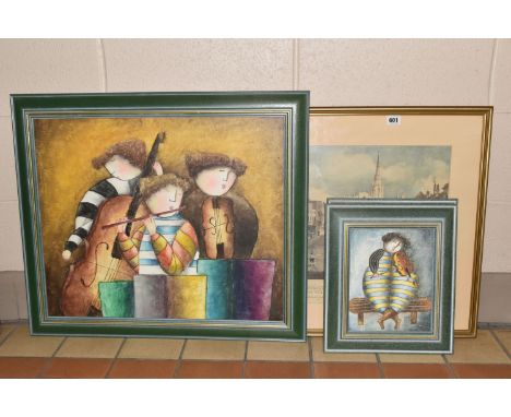 THREE DECORATIVE PAINTINGS IN THE STYLE OF GRACIELA RODO BOULANGER, all depict musicians playing instruments, one signed J. R
