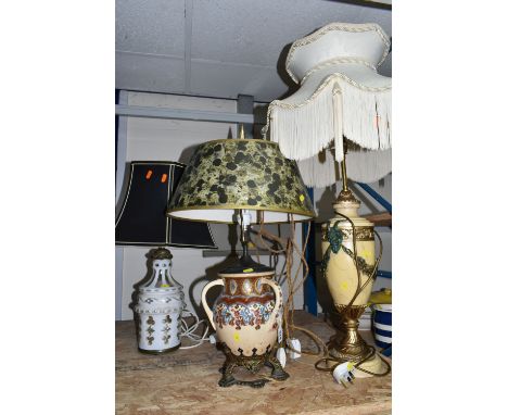 THREE TALL TABLE LAMPS, a white base with cut glass pattern, black shade height 59cm, brass bayonet, (has got damage at the t
