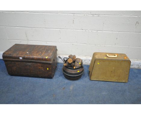 A METAL TRUNK, a log bucket with contents, along with a Singer sewing machine (condition report: marks, scuffs, stains, other