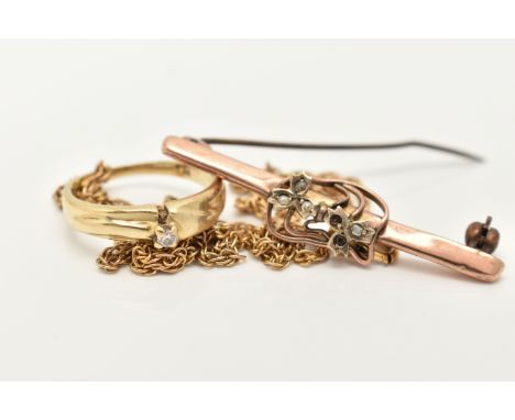 A SMALL ASSORTMENT OF JEWELLERY, to include an AF yellow metal rope twist chain (broken clasp requires attention), approximat