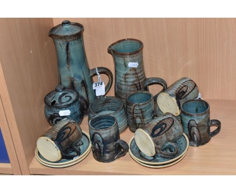 A JOHN BUCHANAN ANCHOR STUDIO POTTERY, St Ives 1974 coffee set, stamped with anchor-Hayle, comprising coffee pot, water pitch